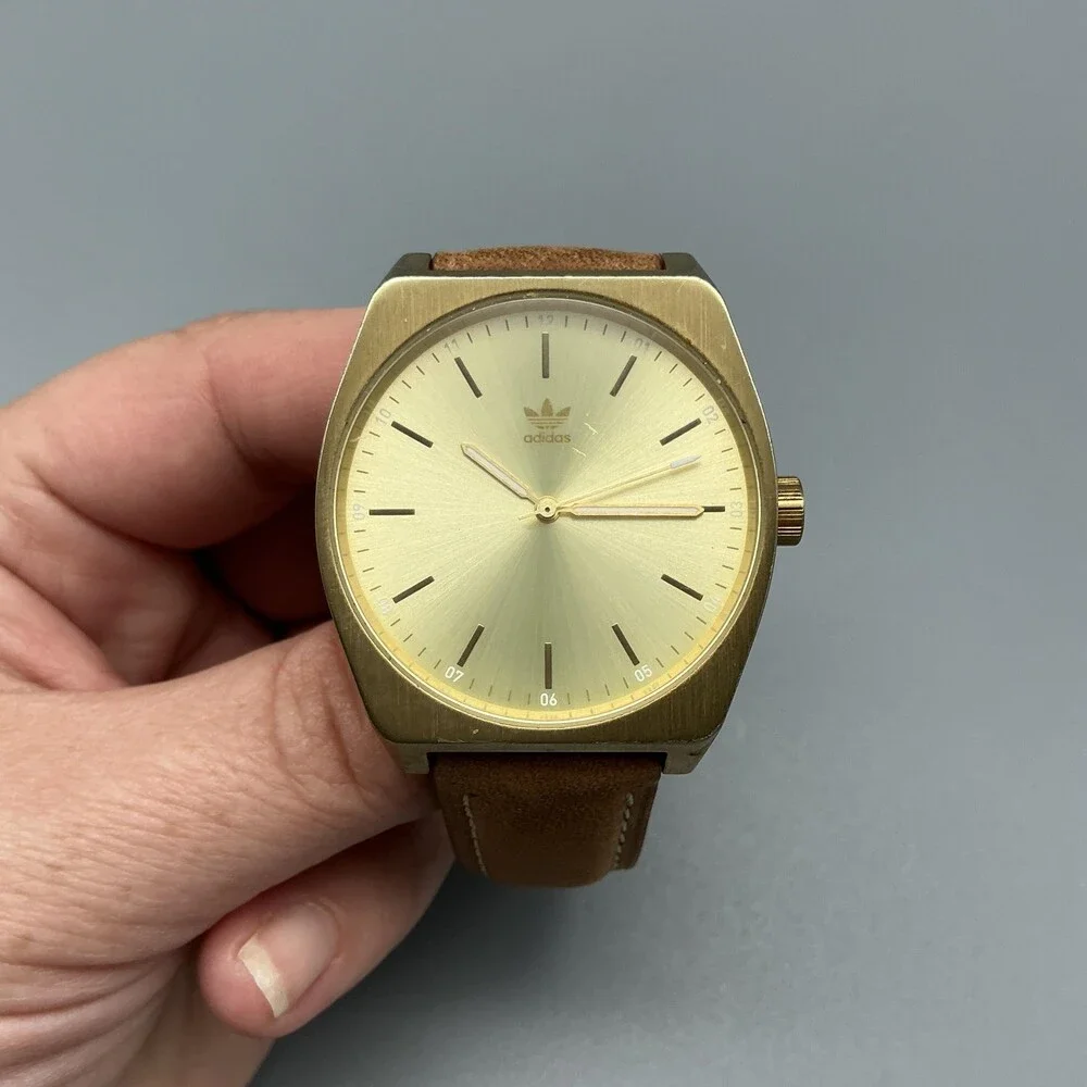 Adidas Process_L1 Mens Watch 38mm Gold Tone Dial Brown Leather New Battery